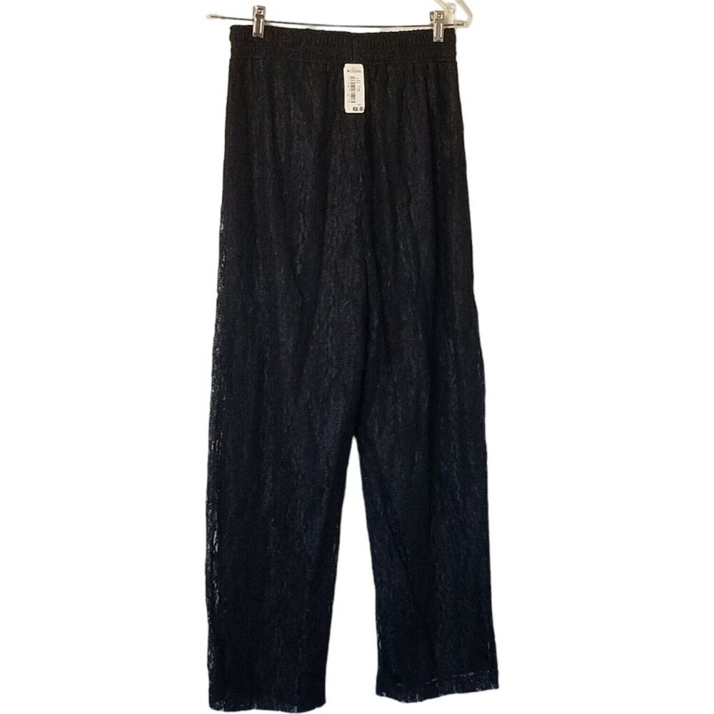 Vintage Womens Lace Black Pants High Waist Wide Leg Trouser Casual Elegant Elast